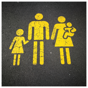 Stick figure illustration of a family.