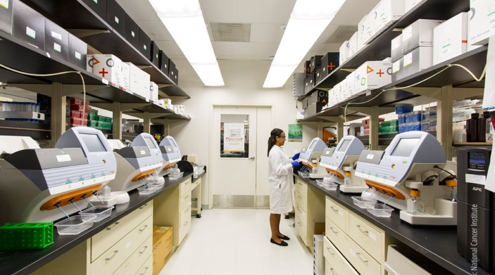 Woman researcher in the distance, looking at computer