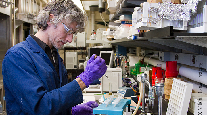 Male scientist looking at pipette and tubes