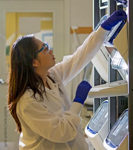 Woman researcher reaching high