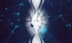 A glowing DNA helix with a background of connected dots. 