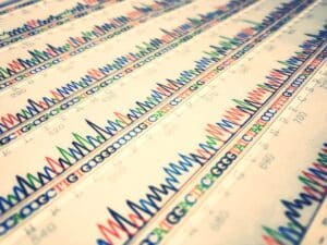 Chart paper with several colorful, parallel graph lines 