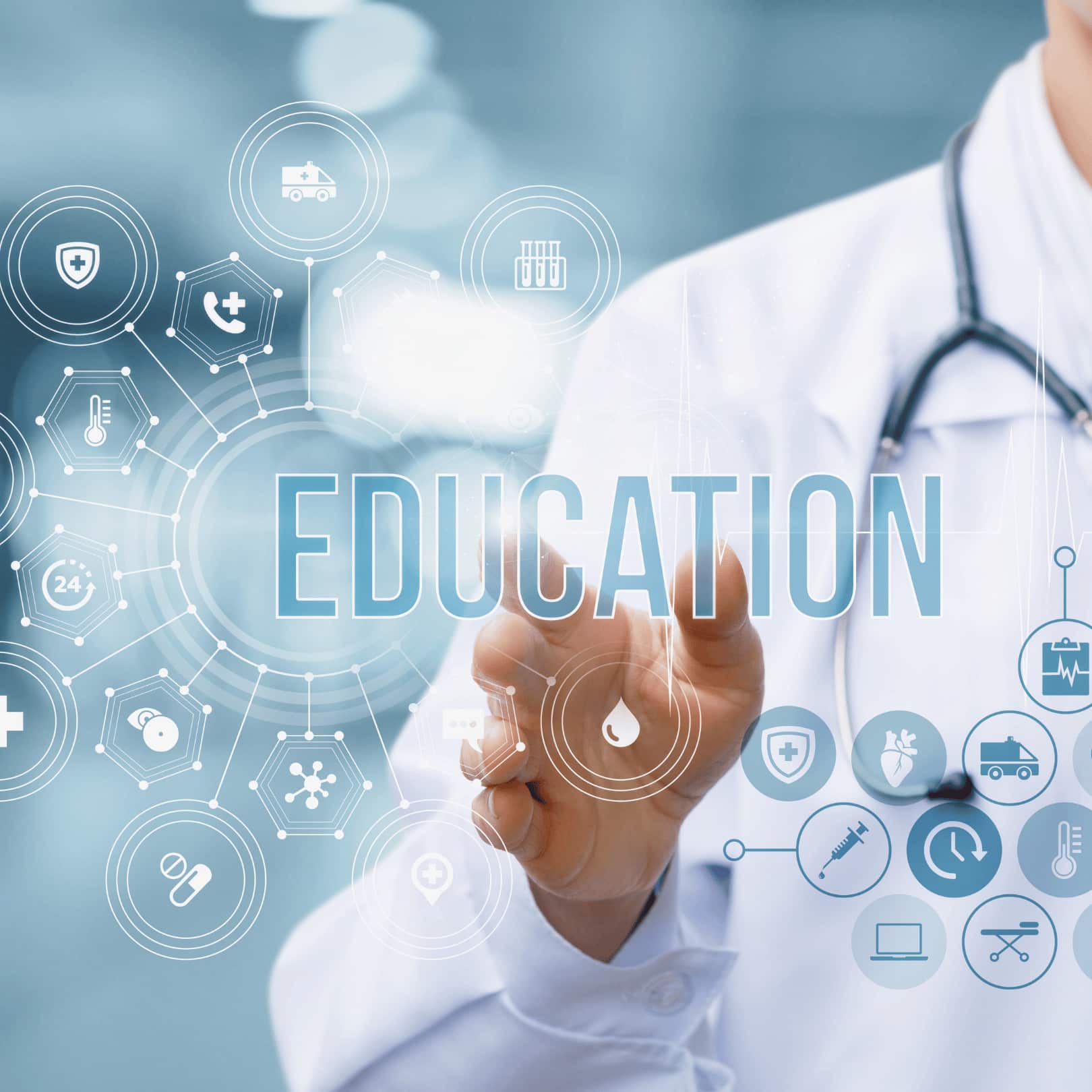 Medical professional pointing to the word Education