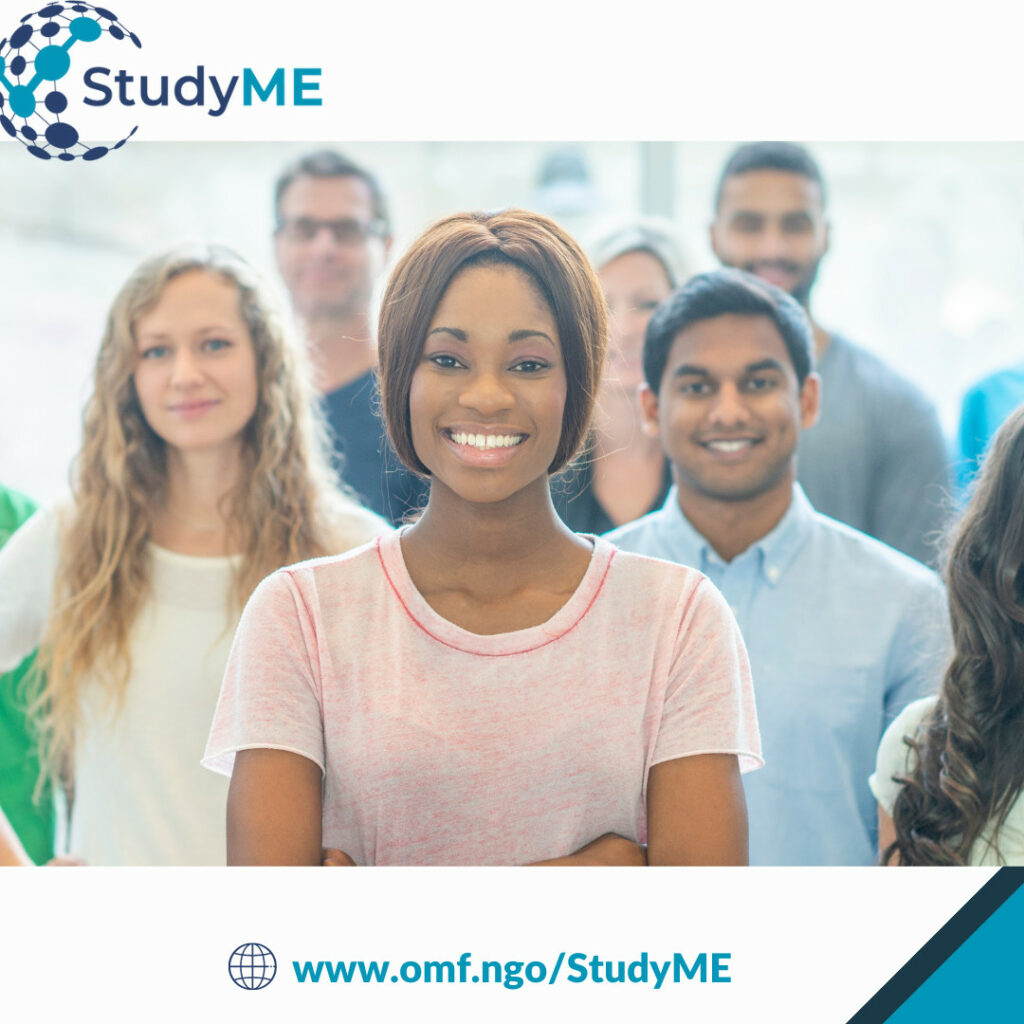 The image shows a smiling young woman in a pink T-shirt with the OMF StudyME logo in the top left corner. Behind her are blurred figures, suggesting a diverse group involved in a collaborative effort.