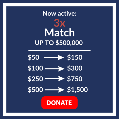 Your donation will be triple matched up to $500,000.