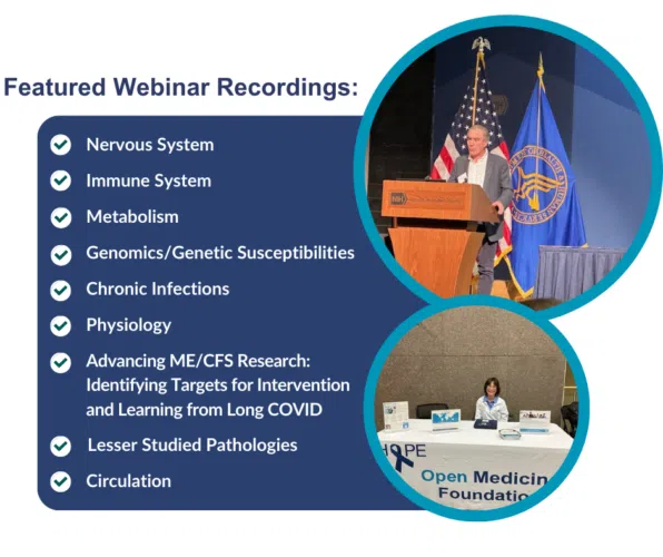 Overview of webinar topics and images of David Systrom presenting and Linda Tannenbaum networking at the Open Medicine Foundation table.