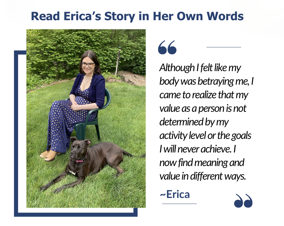 The picture shows Erica, wearing glasses and a navy blue patterned dress, smiling and seated on a green plastic chair on a grassy lawn. Next to her, a black dog with a pink collar rests on the ground.
