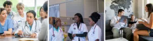 The image is a collage of three scenes featuring medical professionals. Left: Medical students and professionals in a discussion around a table. Middle: Three doctors smiling and conversing in a hospital environment. Right: A doctor on a couch consulting with two young women in a casual setting, with a world map design on the wall behind them.