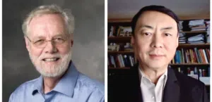 On the left is a picture of Dr. Ron Davis, who has white hair, glasses, and a beard, and is smiling while wearing a light blue shirt. On the right is a picture of Dr. Wenzhong Xiao, who has black hair and is wearing a dark suit jacket over a light-colored shirt.