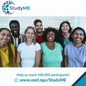 The image features the StudyME logo at the top left, which includes a stylized globe of interconnected circles in blue and teal, accompanied by the text "StudyME." Below the logo, a group of eight diverse, smiling individuals stands together, suggesting community and collaboration. At the bottom, the text reads: "Help us reach 100,000 participants!"