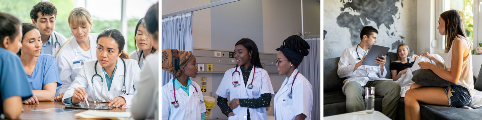 The image collage shows: A diverse group of healthcare professionals in a focused discussion, two female doctors smiling and talking in a hospital setting, a doctor speaking with a patient and companion in a relaxed, home-like environment.