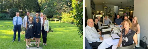 Two photos show OMF Founder Linda Tannenbaum, OMF Australia Managing Director Rebecca Morse, and the OMF Australia board—Bill Ranken, Nicholas Ingram, Louise Myer, and Ross Pinney—gathered for meetings. One photo is taken outdoors in a garden, the other indoors at a restaurant table.