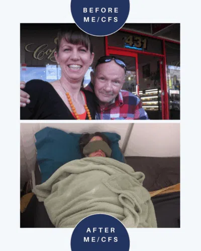 Top: Bridie before ME/CFS, smiling with her uncle on a restaurant patio, enjoying a joyful moment together.Bottom: Bridie after ME/CFS, lying in a dark room with an eye mask on, reflecting the severity of her condition.