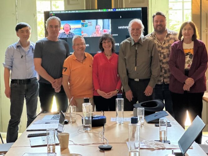 OMF research team photo. From left to right: Wenzhong Xiao, David Systrom, Jonas Bergquist, Linda Tannenbaum, Ron Davis, Chris Armstrong, and Maureen Hanson. Danielle Meadows and Alain Moreau joined remotely.