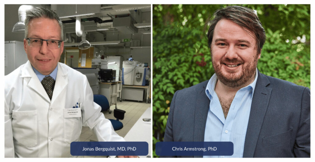On the left is a picture of Dr. Jonas Bergquist in a lab, wearing a lab coat. On the right is a photo of Dr. Chris Armstrong, wearing a blue shirt and blue jacket, and smiling.