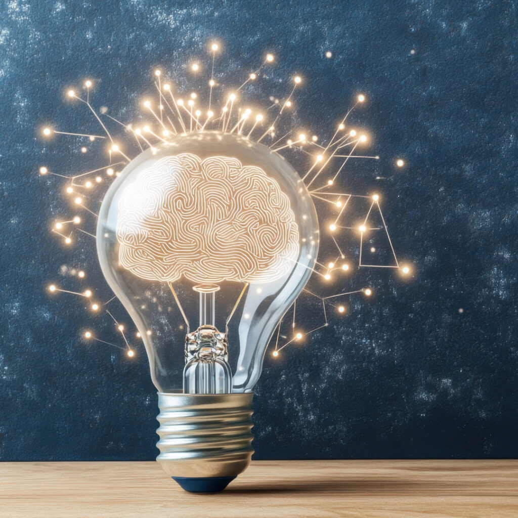 A light bulb with an illuminated brain design inside, surrounded by glowing interconnected lines.